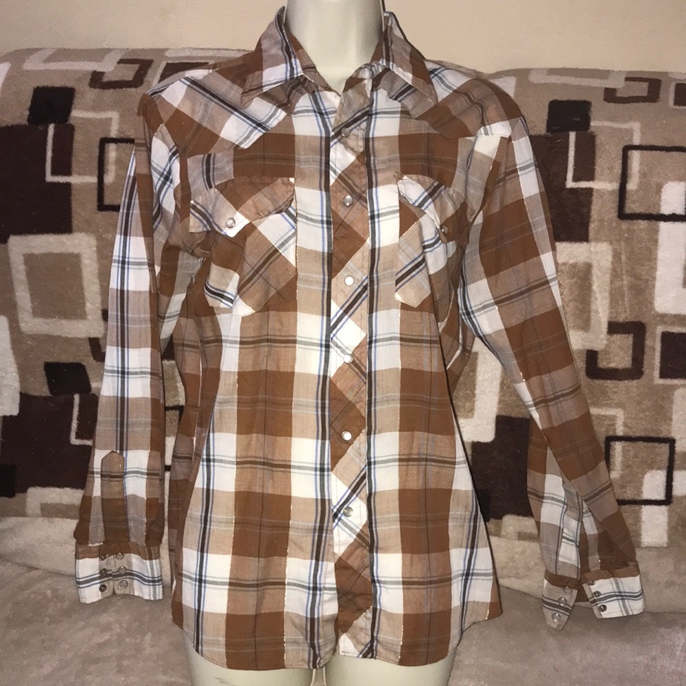 Gremlin small brown blue white gold snap button down shirt 💕